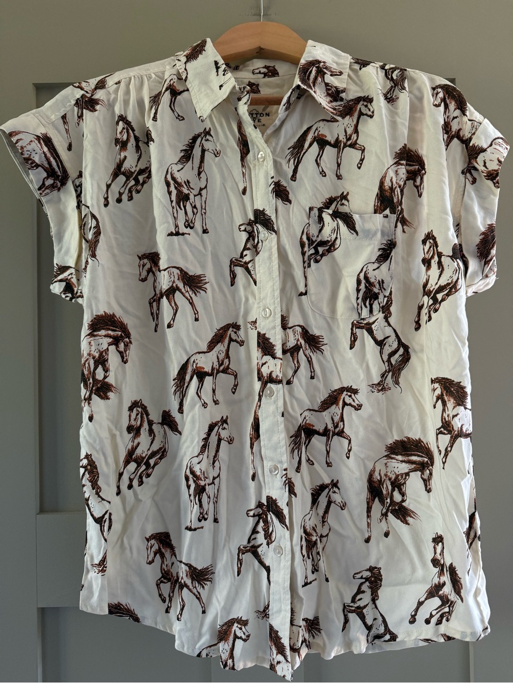 White Short-Sleeve Button-Down Shirt with Brown Horse Print